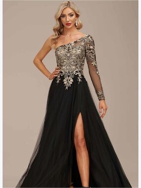 JJs House Black and Gold One-Shoulder Evening Gown